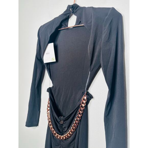 NWT NOOKIE Black Alba High Mock Neck Open Back Rose Gold Chain Midi Dress Size M - Picture 8 of 16